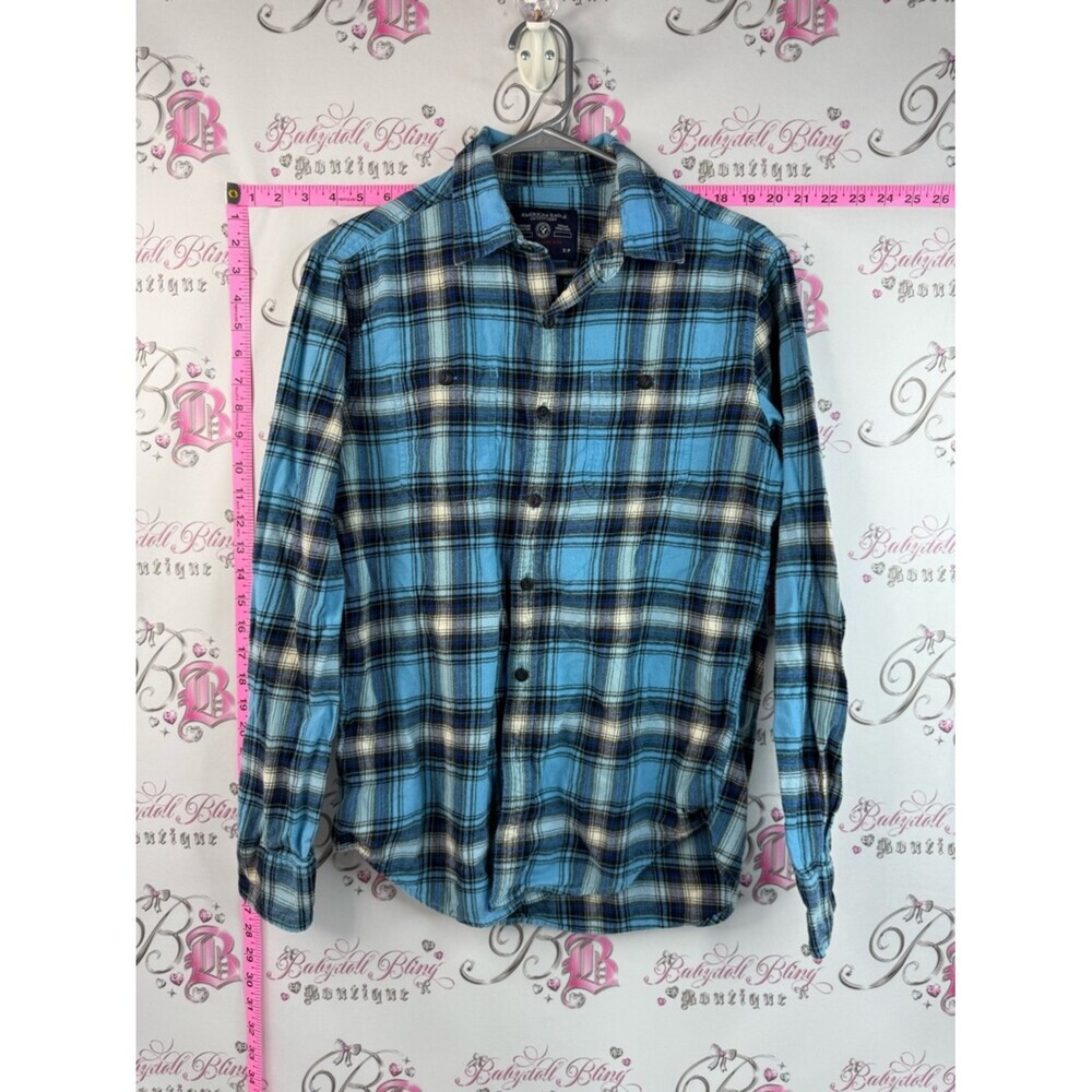 American Eagle Outfitters Plaid Casual Button-Down Shirt Blue mixes + white